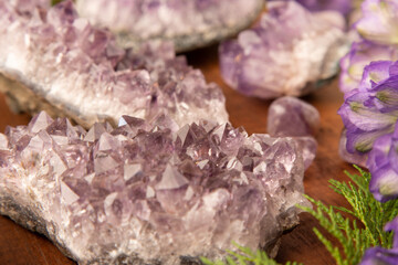 Gemstones and Crystals on Vintage Wooden Table