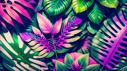 Collection of tropical leaves, foliage plant with space background by generative ai