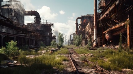 Desolate and post - apocalyptic environment with crumbling structures, overgrown vegetation, and remnants of advanced technology - obrazy, fototapety, plakaty