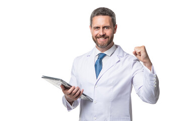 Telehealth doctor make winning geture. Happy man doctor using laptop isolated on white. Ehealth