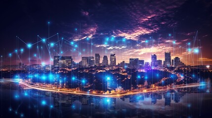 Modern city with wireless network connection and city scape concept. Wireless network and Connection technology concept with city background at night, night city skyline, Generative AI