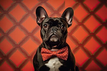 A captivating wallpaper featuring a charismatic French Bulldog wearing a stylish bowtie and posing with a whimsical backdrop. Generative AI.  - obrazy, fototapety, plakaty