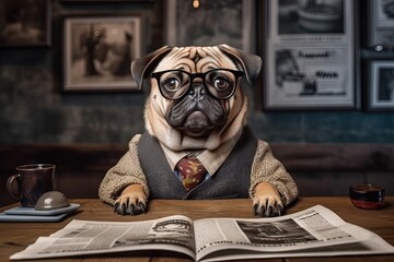 A humorous 4K wallpaper showcasing a dog wearing glasses and reading a newspaper. Fairy tale illustration. Generative AI. 
