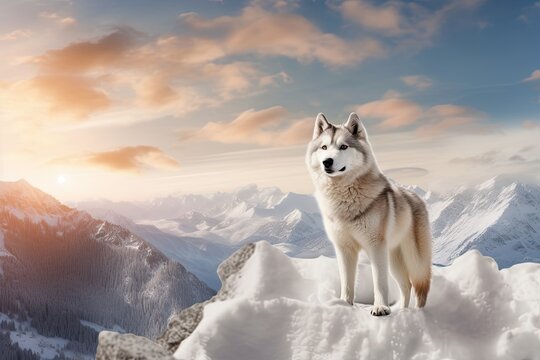 A captivating wallpaper featuring an photograph of a majestic Siberian Husky against a backdrop of snow-covered mountains. Generative AI. 