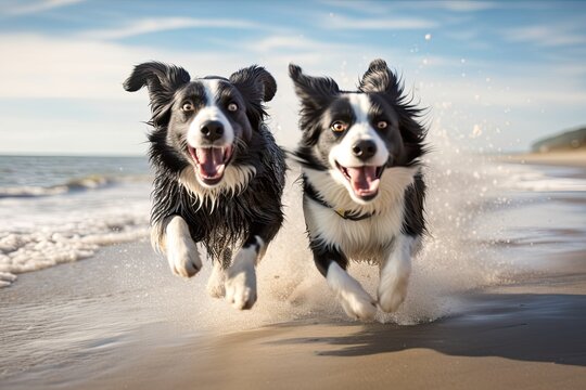 A captivating wallpaper showcasing an photograph of a pair of playful Border Collies frolicking on a sandy beach. Generative AI. 