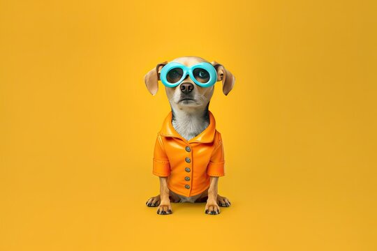 A humorous 4K wallpaper, photographs capturing a dog wearing a funny costume, sunglasses and striking comical poses. Generative AI composite. 