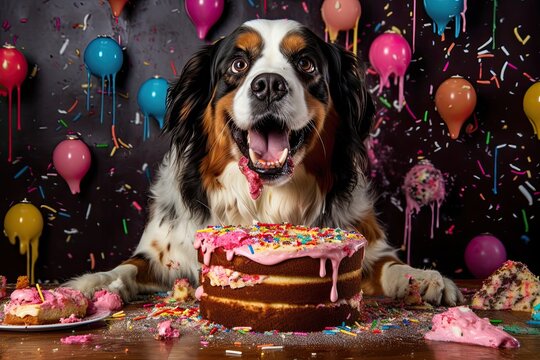 A humorous 4K wallpaper showcasing a series of photographs capturing a playful and messy dog enthusiastically devouring a birthday cake. Generative AI. 