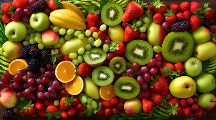 An overhead shot of a beautifully arranged fruit platter with a variety of colorful and juicy fruits, ai generative