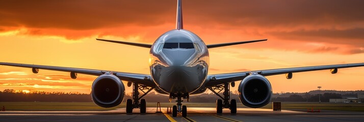 Sunset view of airplane on airport runway under dramatic sky. generative ai