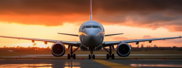 Fototapeta na wymiar Sunset view of airplane on airport runway under dramatic sky. generative ai