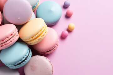 Fototapeta na wymiar Delicious macaroons on a pastel pink background with copy space. Creative macaroon template for dessert banner, french dessert store. Generative AI professional photo imitation.