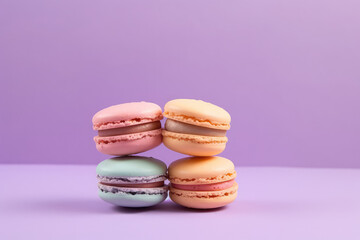 Obraz na płótnie Canvas Four Delicious macaroons on a pastel purple background with copy space. Creative macaroon template for dessert banner, candy store. Generative AI professional photo imitation.