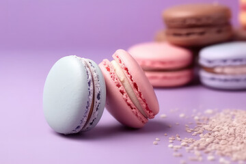 Obraz premium Delicious macaroons on a pastel purple background with vanilla cream, copy space. Creative macaroon template for dessert banner, candy store. Generative AI professional photo imitation.