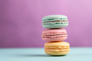 Fototapeta na wymiar Three Delicious macaroons on a pastel purple background with copy space. Creative macaroon template for dessert banner, candy store. Generative AI professional photo imitation.