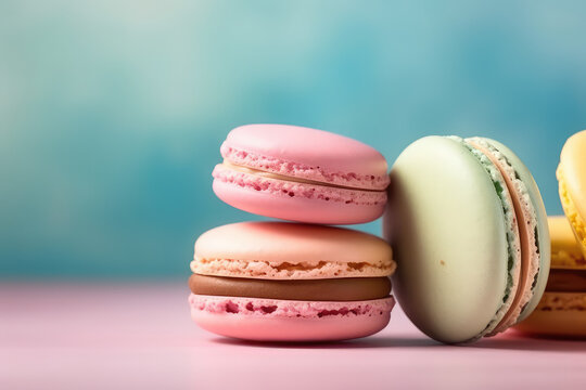 Delicious macaroons on a pastel blue background with copy space. Creative macaroon template for dessert banner, pastry. Generative AI professional photo imitation.