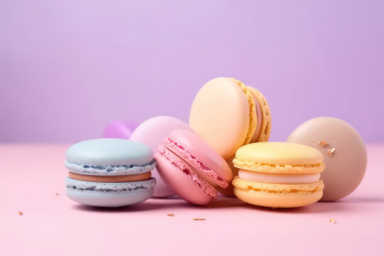 Delicious macaroons on a pastel purple background with copy space for text. Creative macaroon template for dessert banner, candy store. Generative AI professional photo imitation.