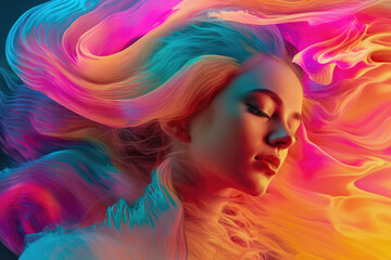 Obraz premium Illustration of a woman in psychedelic neon waves. Generative AI.