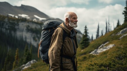 An older man hiking in the mountains, still embracing adventure and the beauty of the great outdoors. Generative AI