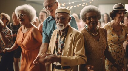 A group of seniors gathered together for a dance party, still grooving to the beat. Generative AI - obrazy, fototapety, plakaty