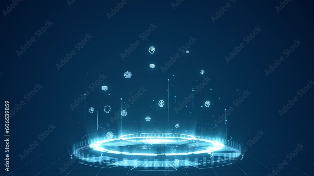 Poster motion graphic of blue digital robot icon levitation and circle futuristic hud with ai chatbot and m