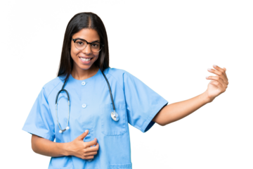 Young African american nurse woman over isolated background making guitar gesture