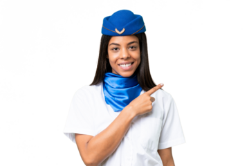 Airplane stewardess African american woman over isolated background pointing to the side to present a product