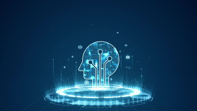 Motion graphic of Blue digital robot head logo and circle futuristic HUD with Ai chatbot and machine learning technology with artificial intelligence and robot icon concepts on abstract background