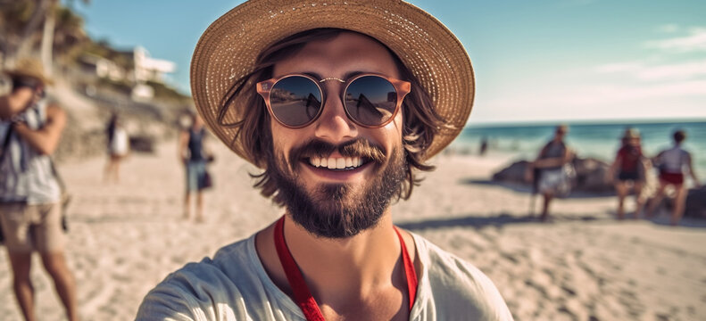 portrait of a man in a hat in the beach. Image Generative AI.