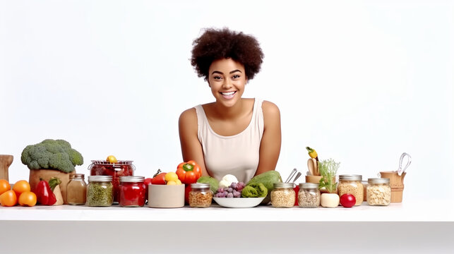 Happy afro young woman with a variety of fresh vegetables.  Image Generative AI.