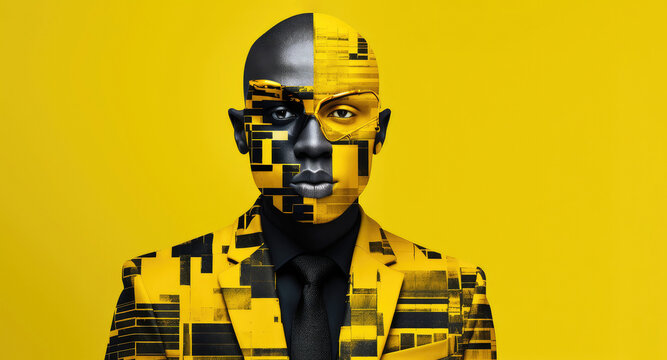 Complex Compositions: Glitch graphic design effect Layered Expressions in man wearing suit Yellow and Black. Generative AI