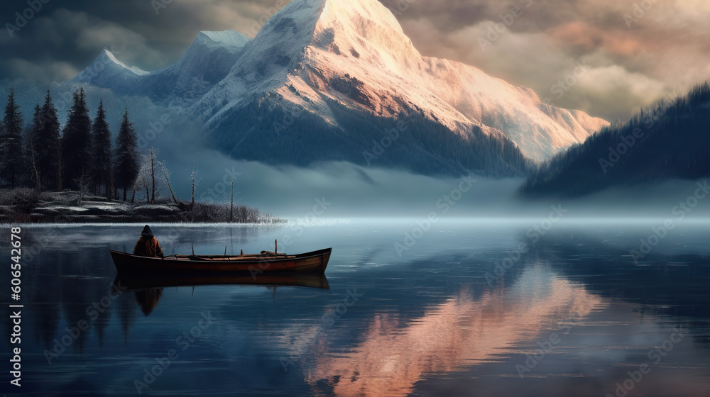Poster a boat floating on top of a lake next to a mountain. generative ai.