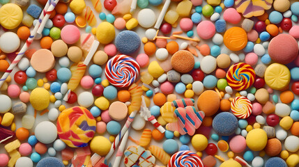 Fototapeta na wymiar A textured background featuring a variety of colorful candies and sweets arranged in a playful and whimsical pattern, ai generative