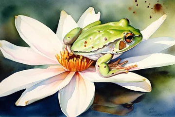 Foto op Canvas Create a whimsical painting of a frog sitting on a lily pad watercolor painting, beautiful natural forms, crisp clean shapes, colorful, white background. © MdBaki