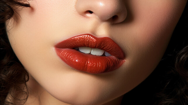 close up lips of a woman with red lipstick color. Beauty and fashion concept. Image Generative AI.