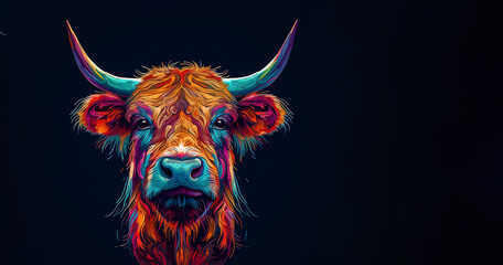 Highland cattle pop art style, bright colours, comic book,  Created using generative AI tools.