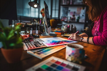 Obraz premium Graphic designer brainstorming logo and graphic art at busy artistic workshop, laptop display workspace. Experimenting color palette and pattern for creative design. Generative AI