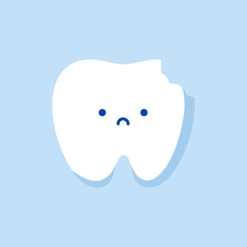 Sick tooth character with caries. Cartoon tooth with the problem of tooth decay. There are plaque on the teeth. Kawaii character for baby stomatology