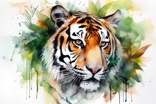 Paint a realistic portrait of a tiger in the jungle watercolor painting, beautiful natural forms, crisp clean shapes, colorful, white background.