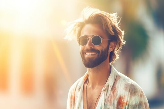 A young man with a beard and a summer T-shirt smiles as he walks down the street after work. Ai generated.
