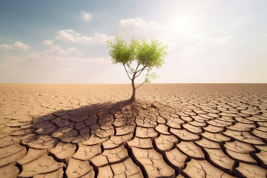 Tree Growing on Drought Land, Climate Change Concept. Generative Ai