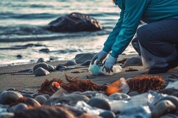 Obraz premium Volunteers collect trash and pollution from a beach after a storm. Ai generated.