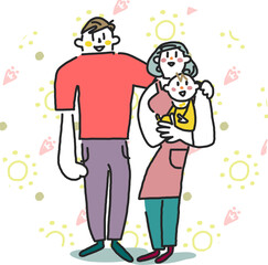 小さな赤ちゃんを抱っこした若い夫婦　イラスト素材	
