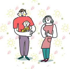 小さな赤ちゃんを抱っこした若い夫婦　イラスト素材	
