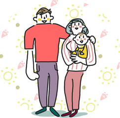 Fototapeta premium 小さな赤ちゃんを抱っこした若い夫婦 イラスト素材 