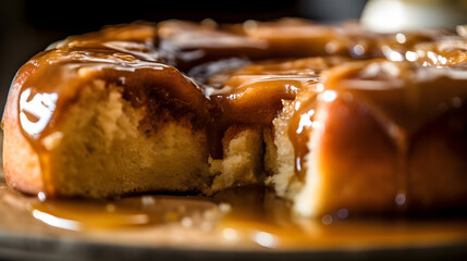 A close-up shot of a freshly baked cinnamon roll with a caramel glaze, capturing the warmth and comfort of homemade treats, ai generative