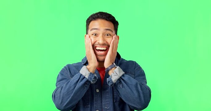Shock, surprise and face of man by green screen with a wow, omg or excited facial expression. Winning, excitement and portrait of male model with amazing deal isolated by chroma key studio background