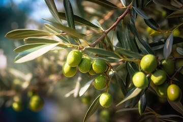 green olives on a branch of an olive tree, with sunlight filtering through the leaves