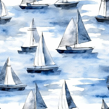  Watercolor sailboats in the blue sea. Seamless tile pattern.  Generated AI 