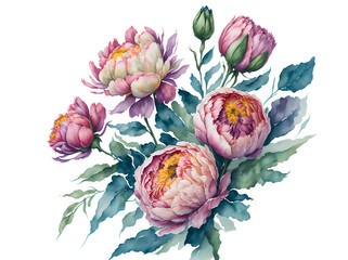 Watercolor bouquet spring peonies and leaves on a white background generative ai