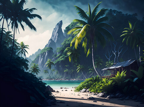Beautiful tropical landscape watercolor with volumetric light generative ai